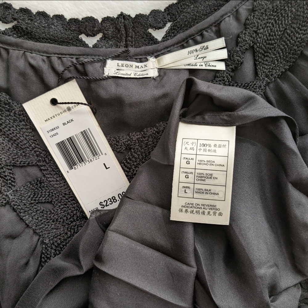 Leon Max Blouse 100% Silk Sleeveless Embroidered Sheer Overlay Lined Black L NWT - Picture 15 of 15